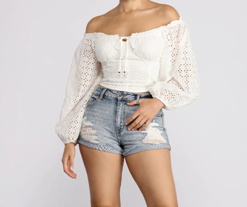 women's tops for those who want to add a touch of sophistication to their casual attireEffortless Eyelet Detail Crop Top